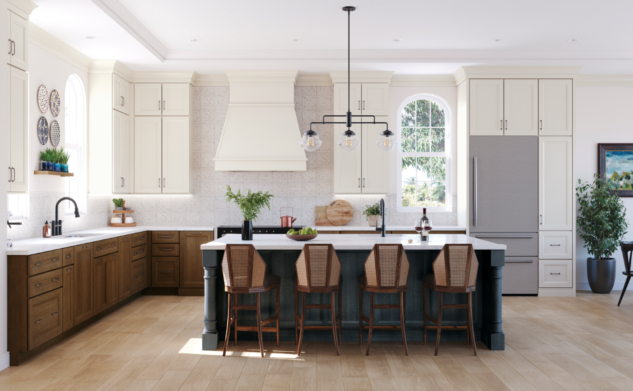 Kitchen with off-white, natural, and blue cabinetry