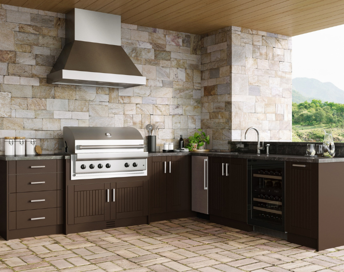 outdoor kitchen with wooden cabinets
