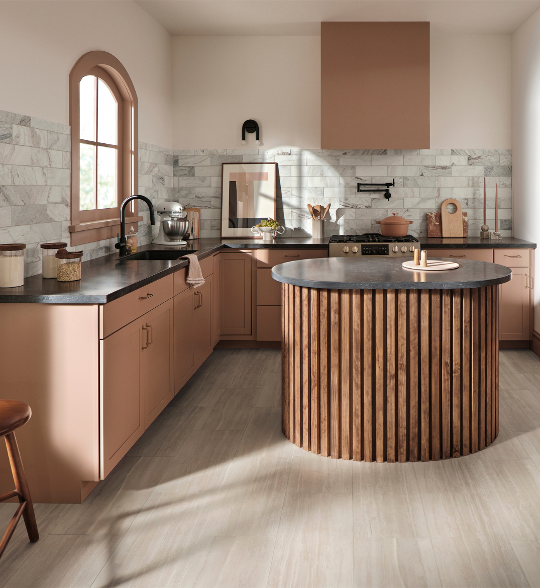 kitchen countertops on black and white cabinets